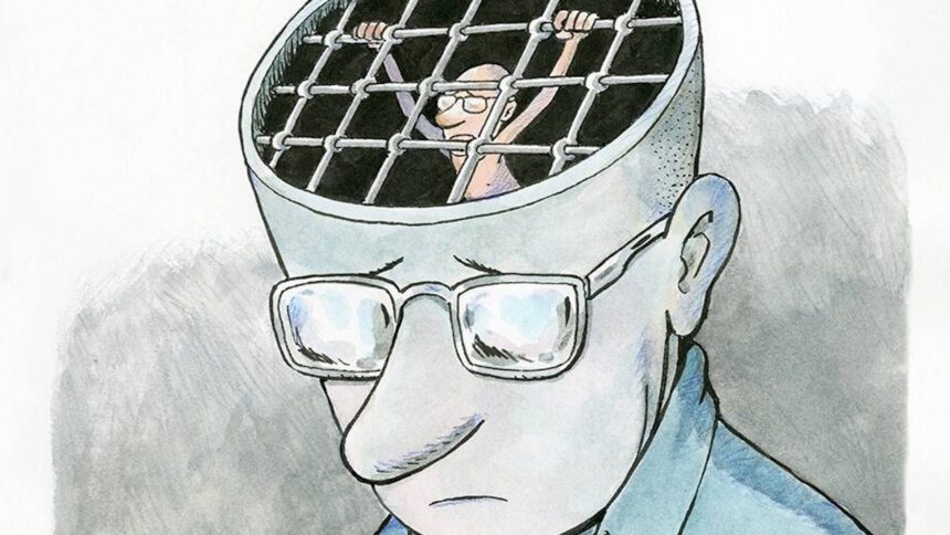 Illustration eines geöffneten Kopfes mit einem kleinen Menschen, der in die Gitterstäbe greift, die den Kopf verschließen.
