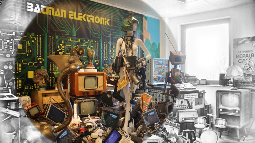 Eine nackte Schaufensterpuppe steht auf einem Berg von alten Elektrogeräten.