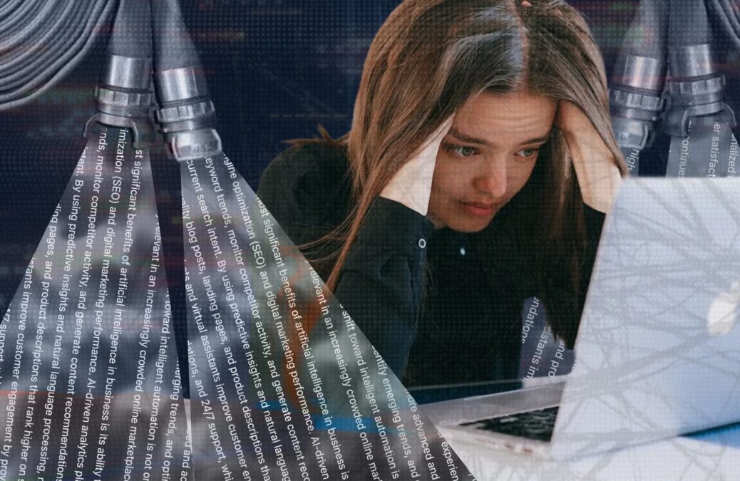 Eine Collage einer Büroangestellten, die an einem Schreibtisch sitzt, umgeben von Stapeln von Papierkram, während mehrere Feuerwehrschläuche feurige Flüssigkeit um sie herum versprühen.