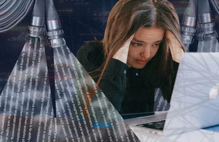 Eine Collage einer Büroangestellten, die an einem Schreibtisch sitzt, umgeben von Stapeln von Papierkram, während mehrere Feuerwehrschläuche feurige Flüssigkeit um sie herum versprühen.