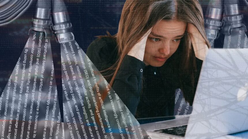 Eine Collage einer Büroangestellten, die an einem Schreibtisch sitzt, umgeben von Stapeln von Papierkram, während mehrere Feuerwehrschläuche feurige Flüssigkeit um sie herum versprühen.