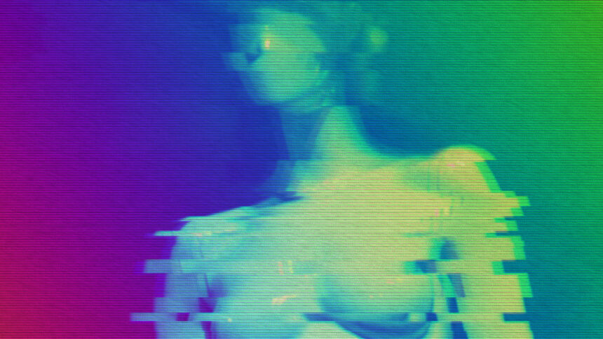 Ein im Stil von Glitch-Art verzerrtes Bild einer weiblich gelesenen Schaufensterfigur.