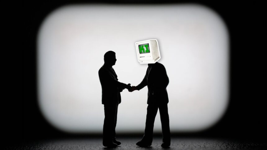 Schattenrisse von zwei Figuren, die Herren mit Jacket darstellen; der eine von beiden trägt statt eines Kopfes einen Computerbildschirm mit der Aufschrift "KI"