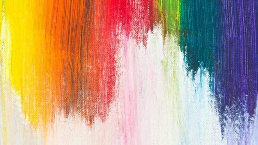 Pinselstriche in den Farben gelb, orange, rot, rosa, grün, dunkelgrün und lila.