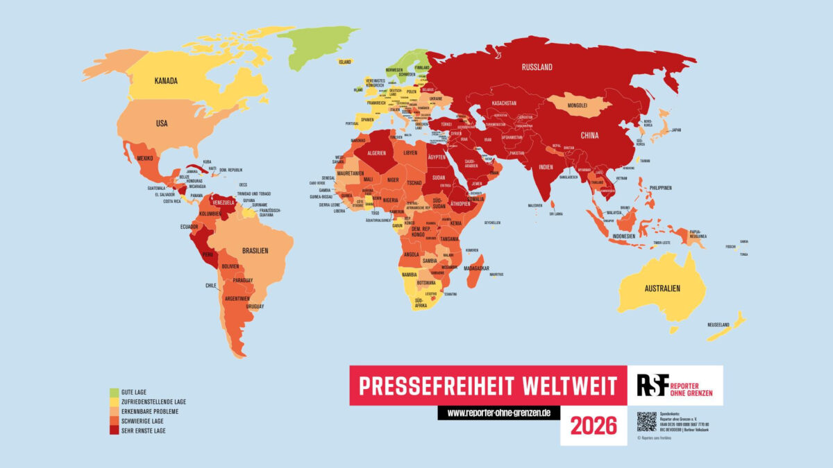 Weltkarte mit farblich markierten Ländern nach dem Grad der Pressefreiheit 2026 von sehr frei bis sehr eingeschränkt
