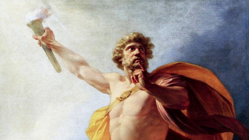 Ein Gemälde, das einen Mann mit Bart zeigt, der eine Fackel hoch hält.