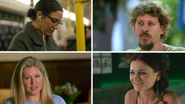 Ein Collage aus vier Bildern. Oben links eine Frau in der U-Bahn mit Brille und In-Ear-Kopfhörern. Oben rechts ein Mann mit lockigen Haaren und Bart. Unten links eine Frau mit langen, blonden Haaren. Unten rechts eine junge Frau mit Ohrringen.