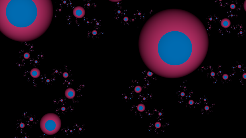 Ein Fraktal in blau-pink auf schwarzem Hintergrund.