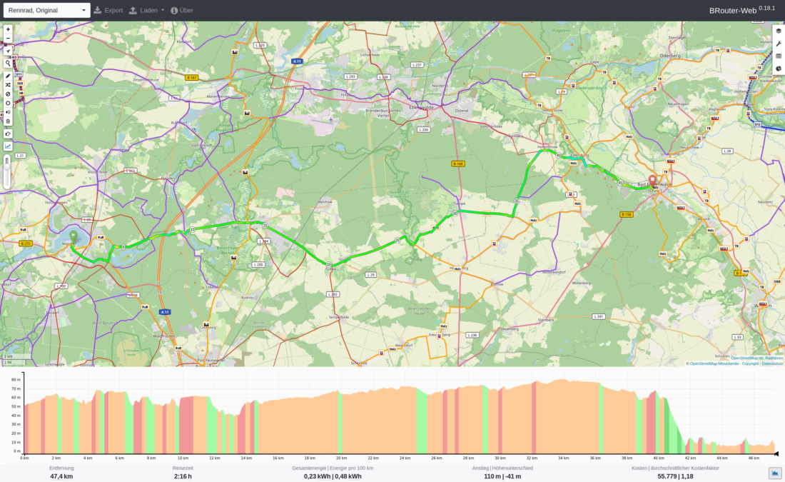 Screenshot von BRouter-Web mit Höhenlinien.