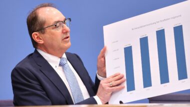 Mann mit Anzug, Brille und Krawatte hält einen Karton mit großer aufgedrucktem Balendiagramm in der Hand.