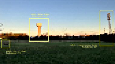 Verschwommene Landschaftsszene in Abendsonne, einige Objekte sind gelb umrandet und nicht verschwommen: Ein Wasserturm, ein Funkmast, etwas unerkennbares. Daneben in kleiner Schrift passende Labels zu den Objekten mit einer in Prozent angegeben Genauigkeitswahrscheinlichkeit