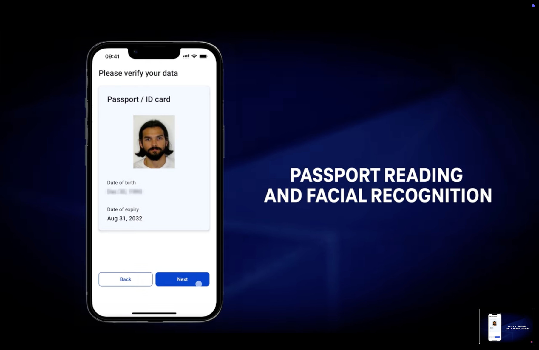 Der Screenshot zeigt das Gesicht eines Mannes auf dem Smartphone-Bildschirm im Prototyp der Alterskontroll-App.