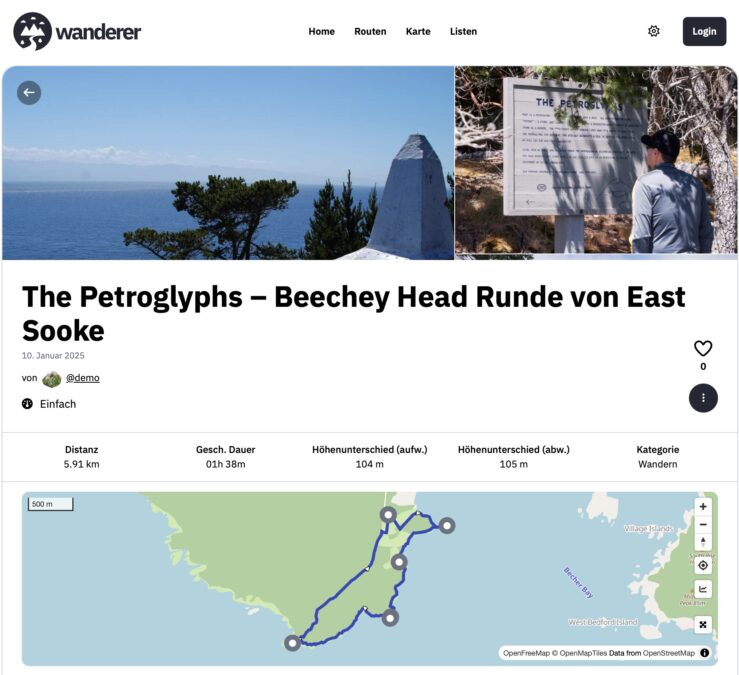 Screenshot einer Wander-App mit einer Route namens 'The Petroglyphs – Beechey Head Runde von East Sooke', einer Karte mit eingezeichneter Wanderstrecke und einem Foto eines Mannes, der eine Informationstafel liest