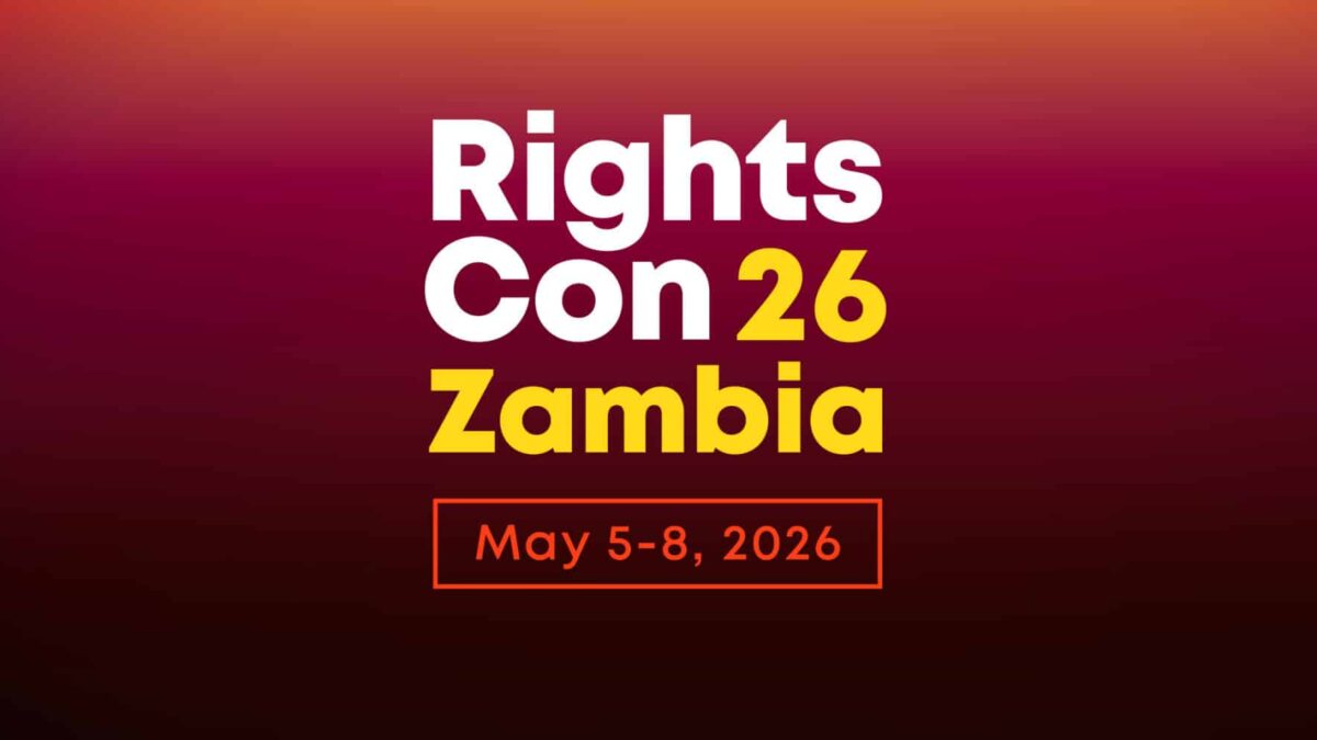 Werbung für RightsCon in den Farben weiß, gelb, rot und schwarz. Schrift: "RightsCon 26 Zambia May 5-8, 2026"