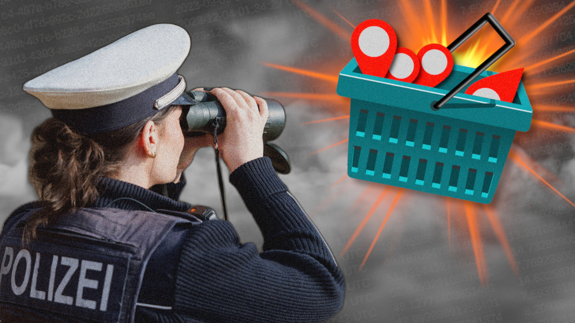 Eine Polizeibeamtin schaut mit dem Fernglas zu einem Einkaufskorb. In dem Korb liegen rote Stecknadeln, die Standortdaten symbolisieren.