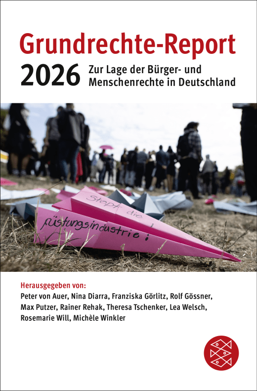 Cover des Grundrechte-Reports, darauf ein rosa Papierflieger