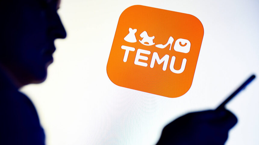 Ein Nutzer schaut auf ein Handy, dahinter ein Logo des Online-Händlers Temu.