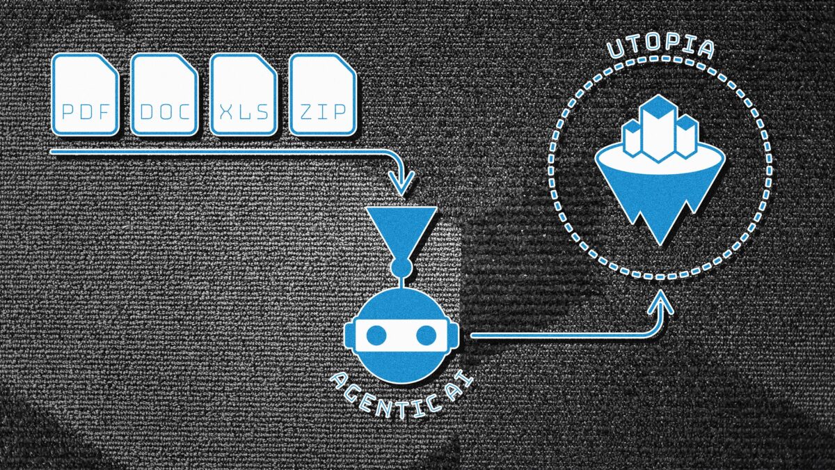 Grafik: links Icons für verschiedene Dateiformate, die fallen in den Trichter eines KI-Agenten und am Ende kommt der ideale Zustand "Utopia" heraus