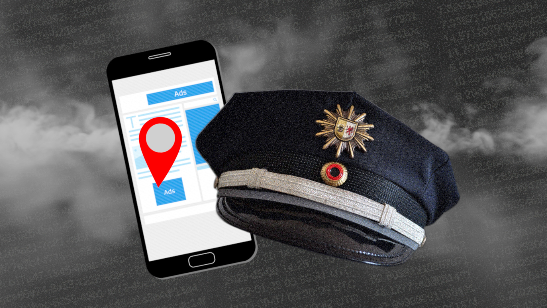 Bildmontage im Stil der Databroker Files: Im Hintergrund Zahlenkolonnen im Nebel, im Vordergrund eine Polizeimütze und ein Smartphone mit Werbeanzeigen und einer großen roten Standort-Nadel