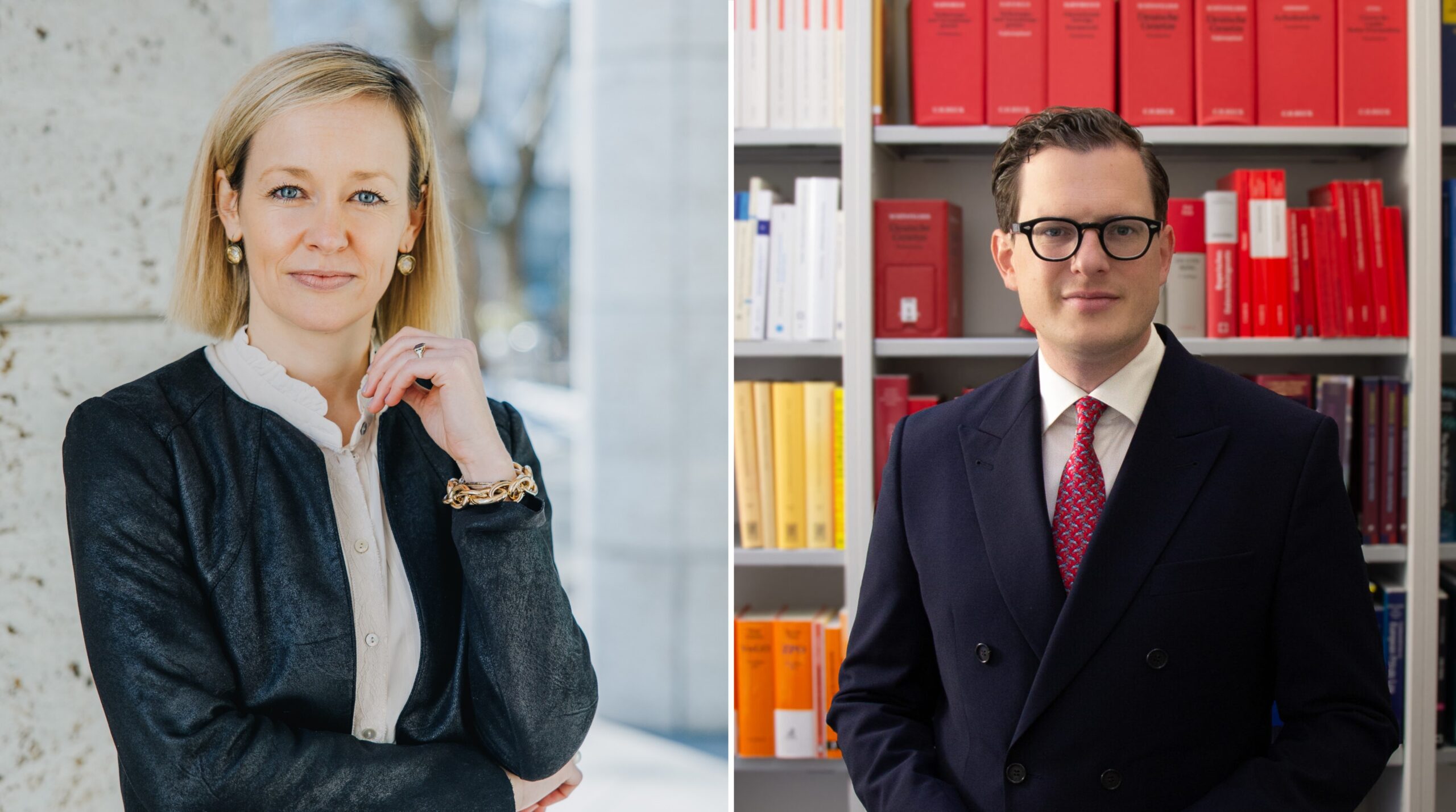 Zwei Portraits: Eine Person mit schulterlangen, blonden Haaren vor einer Betonwand, rechts eine Person mit kurzen Haaren und Brille vor einer Bücherwand