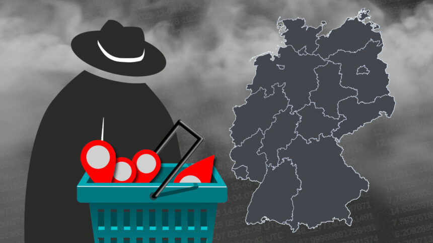 Der Umriss einer Gestalt mit Schlapphut und Mantel stellt einen Datenhändler dar. Vor sich hat er einen Einkaufskorb mit roten Stecknadeln, die Standortddaten darstellen. Eine Deutschlandkarte zeigt die Umrisse der Bundesländer.