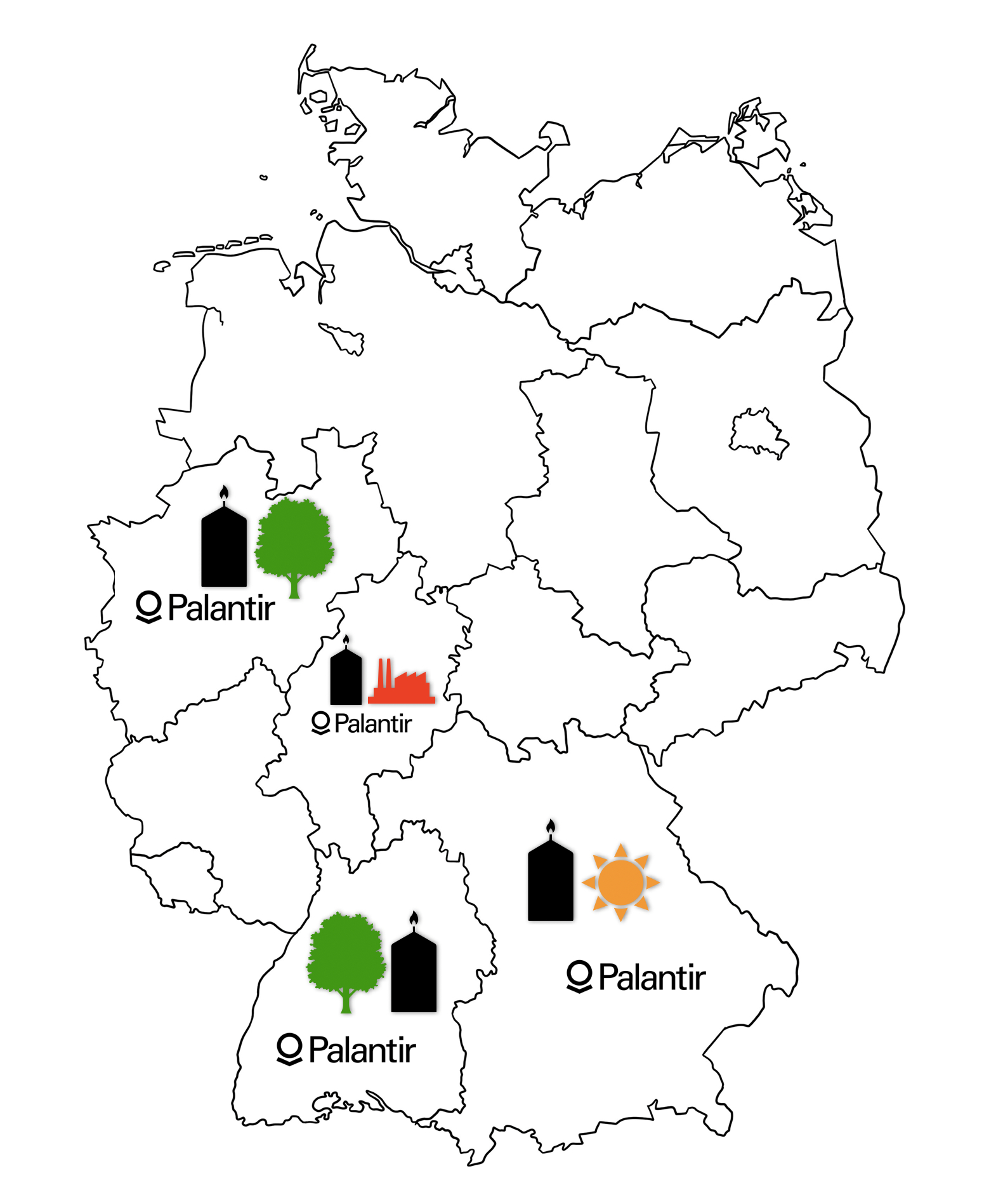 Deutschlandkarte mit Palantir-Nutzern NRW, Hessen, BW und Bayern