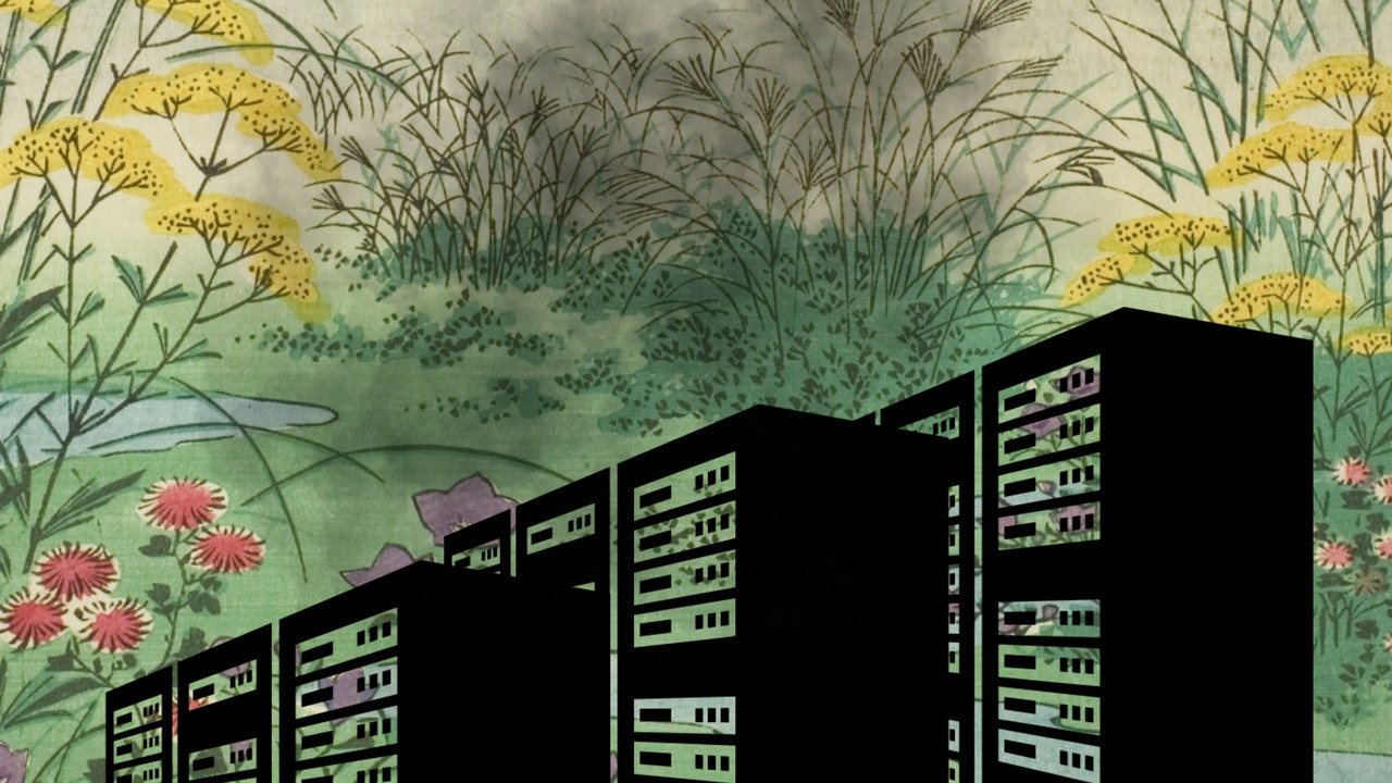 Dieses Bild ist eine Collage mit einer farbenfrohen japanischen Vintage-Landschaft, die einen Berg, Hügel, Blumen und andere Pflanzen sowie einen kleinen Bach zeigt. In der unteren Bildhälfte sind drei große schwarze Datenserver zu sehen, aus denen eine schwarze Rauchwolke aufsteigt, die die Landschaft teilweise verdeckt.