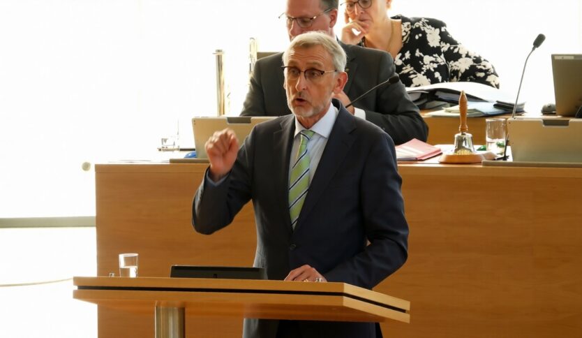 Eine Person im Anzug steht an einem Rednerpult im Landtag