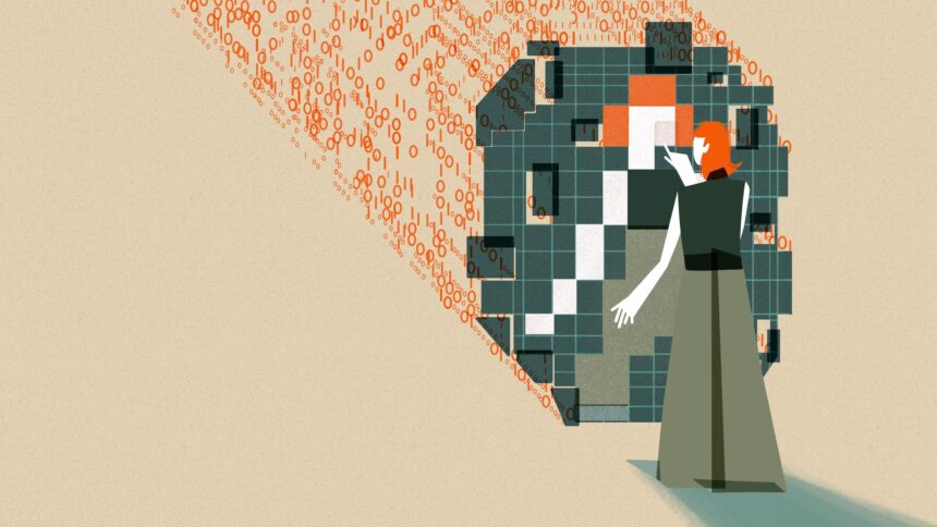 Dieses Bild zeigt eine Person mit orangefarbenen Haaren, die mit einer großen, abstrakten digitalen Spiegelstruktur interagiert. Die Struktur besteht aus Quadraten in verschiedenen Grün-, Orange-, Weiß- und Schwarztönen, die so zusammengesetzt sind, dass sie die Gestalt der Person widerspiegeln. Die Hand der Person ist ausgestreckt, als würde sie auf die Spiegelstruktur zeigen oder mit ihr interagieren. Hinter der Struktur sind orangefarbene Ströme aus Binärcode (Nullen und Einsen) zu sehen, die auf das digitale Raster zuströmen.