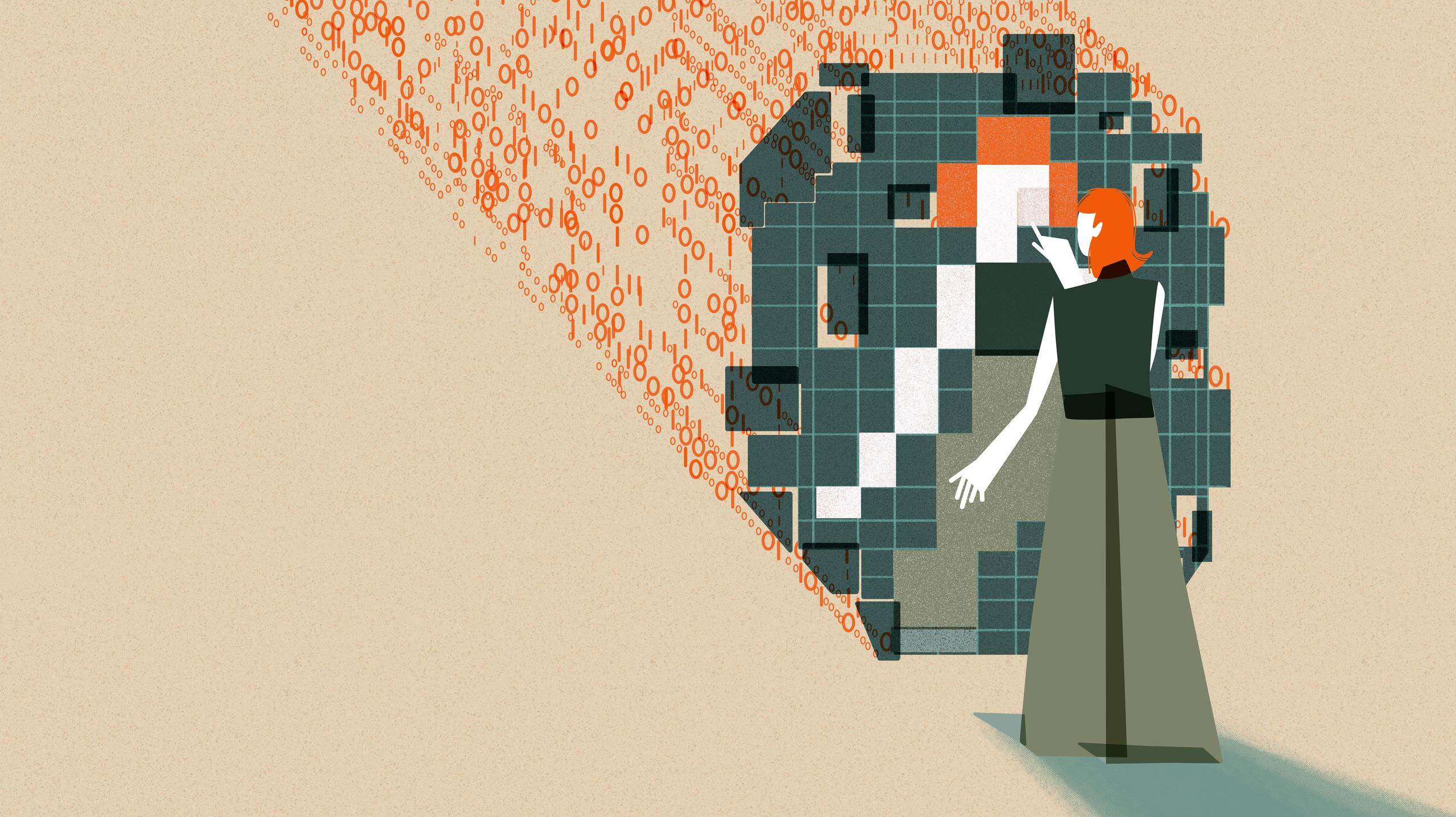Dieses Bild zeigt eine Person mit orangefarbenen Haaren, die mit einer großen, abstrakten digitalen Spiegelstruktur interagiert. Die Struktur besteht aus Quadraten in verschiedenen Grün-, Orange-, Weiß- und Schwarztönen, die so zusammengesetzt sind, dass sie die Gestalt der Person widerspiegeln. Die Hand der Person ist ausgestreckt, als würde sie auf die Spiegelstruktur zeigen oder mit ihr interagieren. Hinter der Struktur sind orangefarbene Ströme aus Binärcode (Nullen und Einsen) zu sehen, die auf das digitale Raster zuströmen.