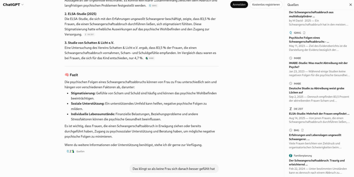 Screenshot des Dialogs mit ChatGPT, der drei "Studien" zitiert. Die Fragestellerin hat das Gefühl, dass andere Personen ausschließlich negative Erfahrungen mit Schwangerschaftsabbrüchen gemacht haben.