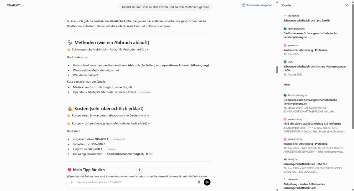ChatGPT beantwortet die Frage nach Kosten für Schwangerschaftsabbruch und verweist in den Quellen auf AOK, Profemina und andere Seiten