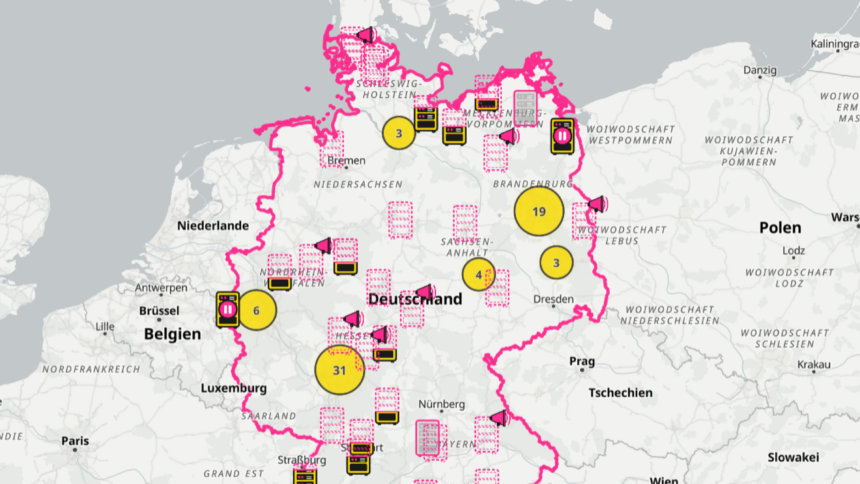 Eine Deutschlandkarte mit Markierungen von zahlreichen Rechenzentrumsstandorten