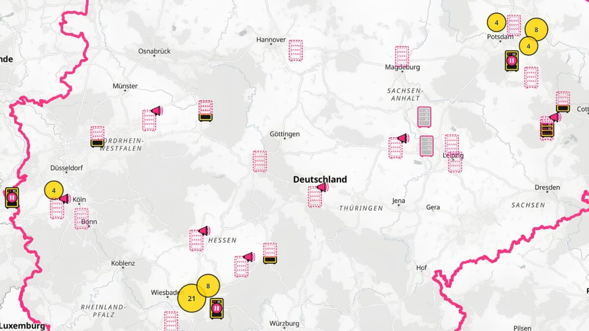 Eine Deutschlandkarte mit Markierungen von zahlreichen Rechenzentrumsstandorten