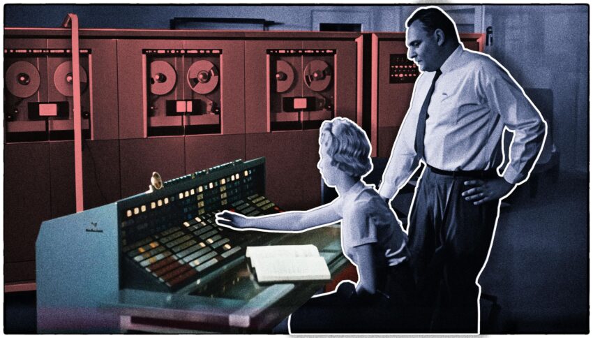 zwei Menschen vor einem RCA 501 Computer