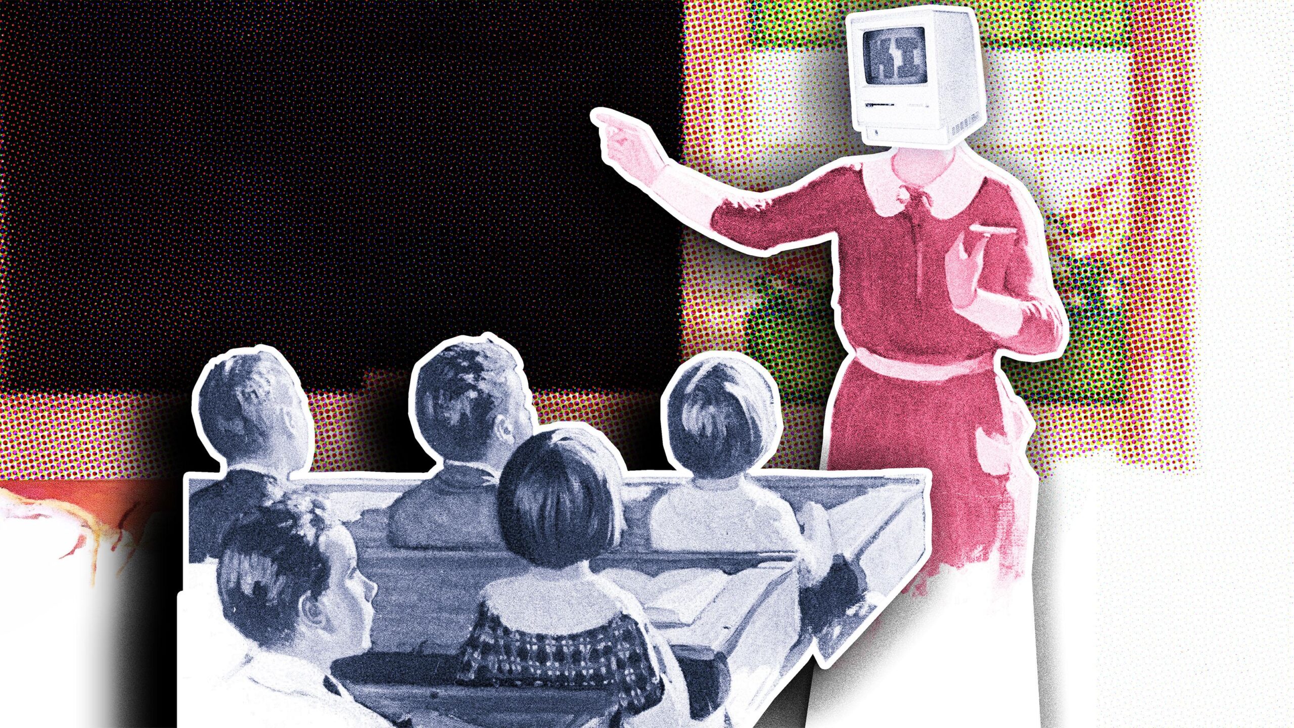Aquarellzeichnung von einer Schulklasse, vorne steht eine Lehrkraft, die auf die Tafel neben sich zeigt; anstelle eines Kopfes trägt sie einen Computer, auf dem Bildschirm ist das Kürzel "KI" zu lesen