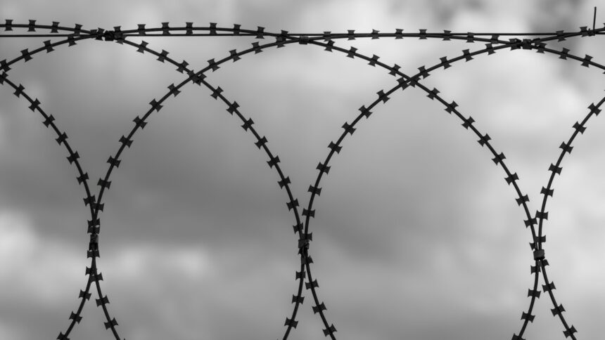 Schwarz-Weiß-Aufnahme von Stacheldraht