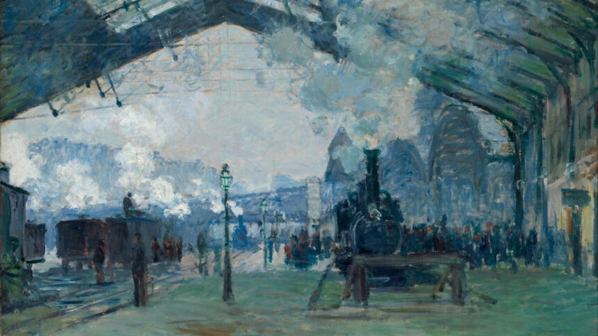 Gemälde von Claude Monet, das einen Zug in einem Bahnhof zeigt, dazwischen Menschen
