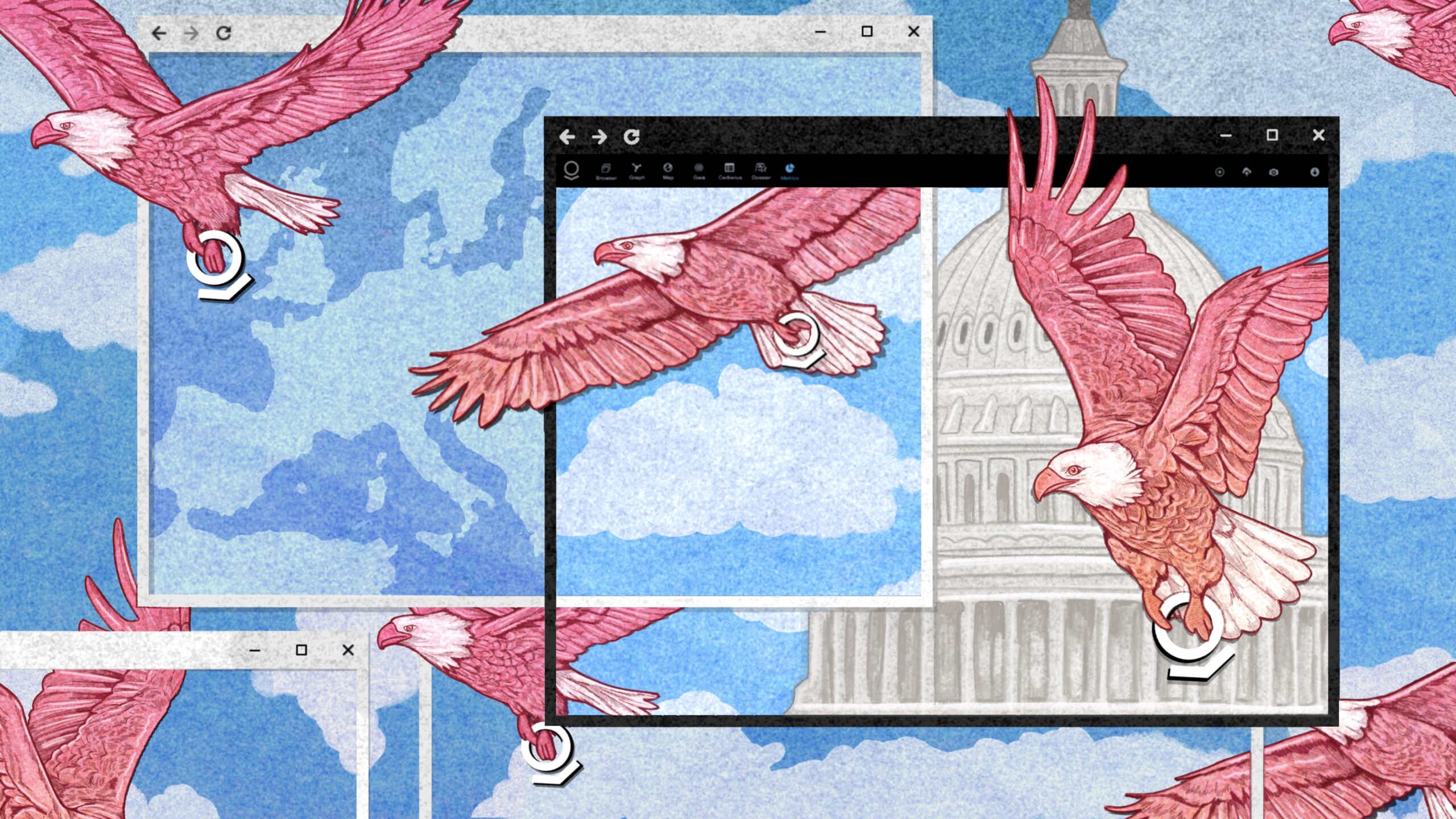 Illustration, zeigt Programmfenster, Adler mit Palantir-Logo in den Klauen und das Kapitol