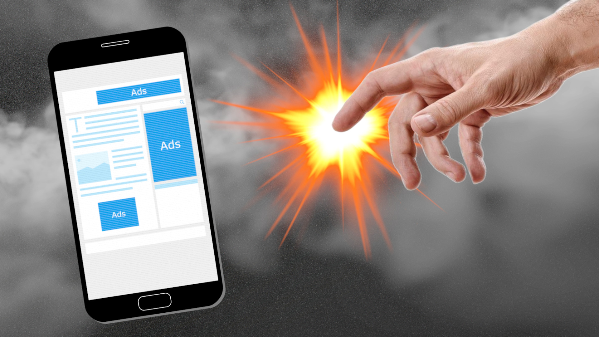 Ein Smartphone mit Werbe-Anzeigen. Eine Hand streckt sich danach aus. Ein Funke erhellt den ausgestreckten Zeigefinger.