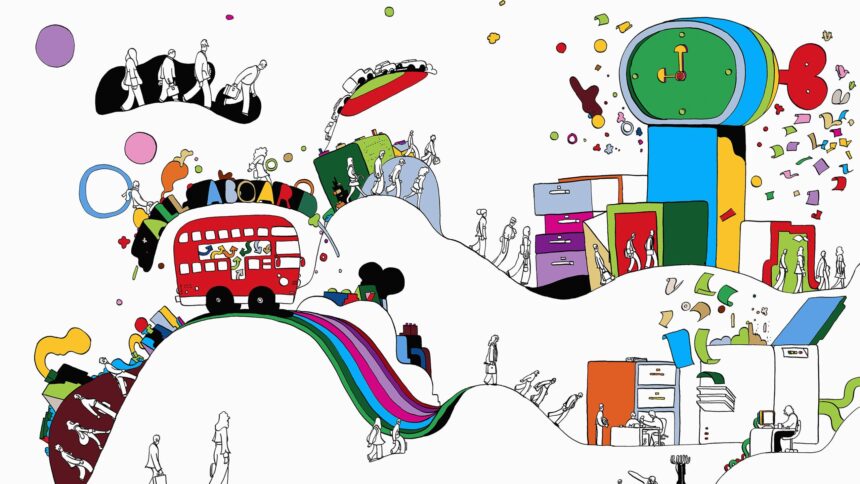 Eine Grafik mit vielen reisenden Menschen und Daten.
