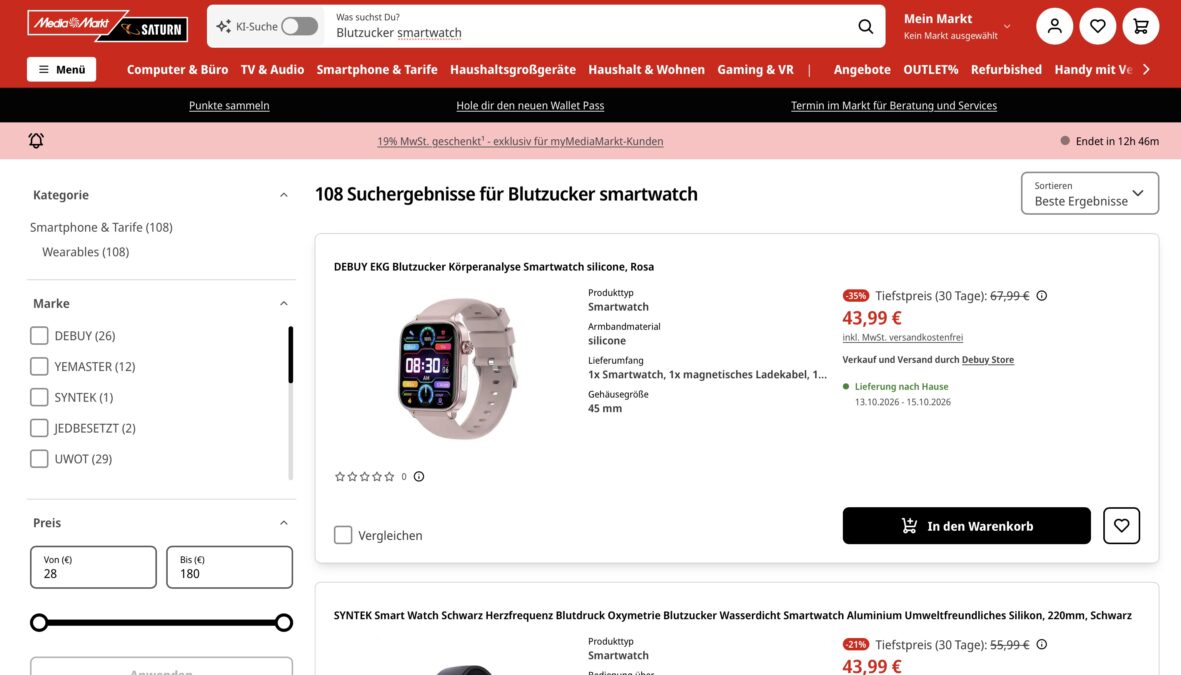 Suchergebnisseite von Mediamarkt mit 108 Ergebnissen zur Suche "Blutzucker Smartwatch"