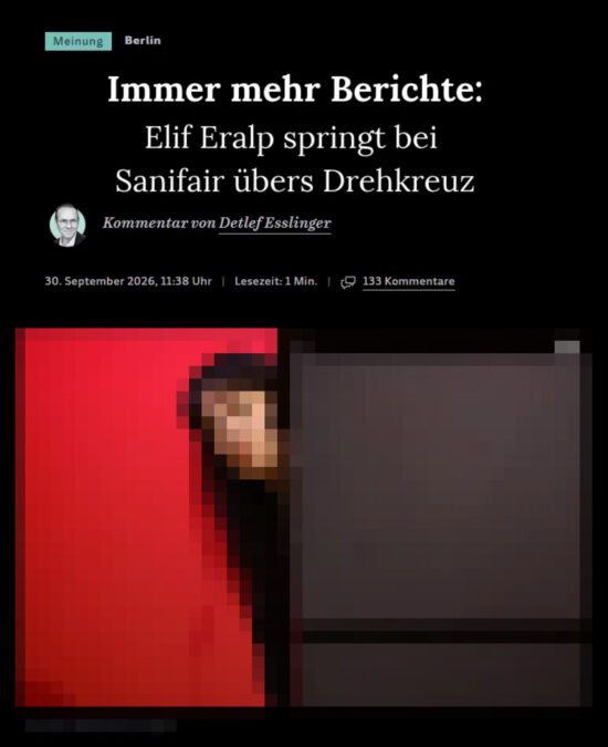 Screenshot eines gefälschten Artikels "Immer mehr Berichte: Elif Eralp springt bei Sanifair übers Drehkreuz"