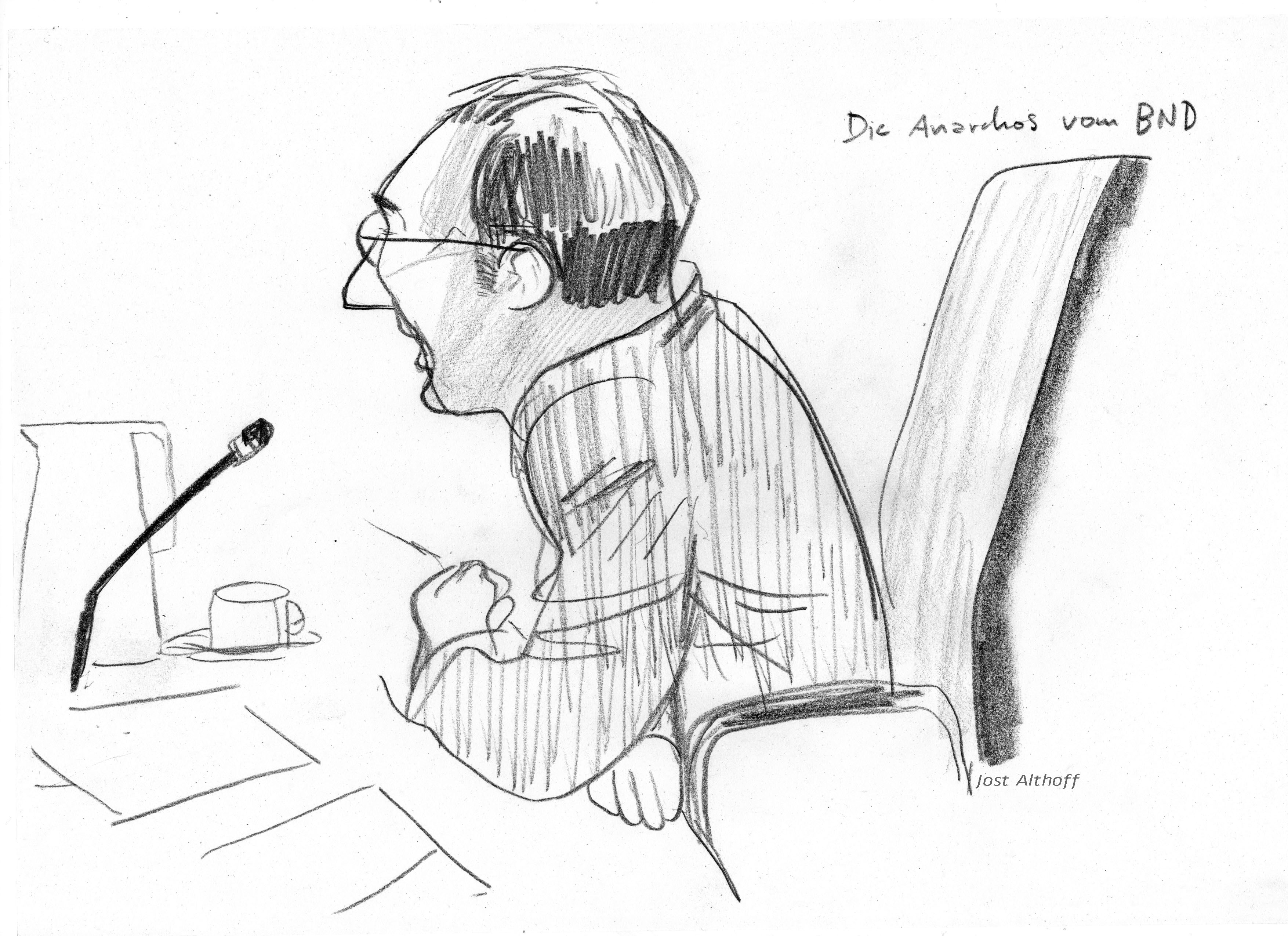 BND-Jurist "A. F." bei seiner Aussage im Geheimdienst-Untersuchungsausschuss. Zeichnung: Jost Althoff.