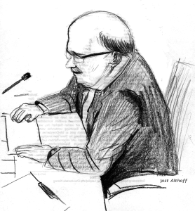 Zeuge Harald Fechner bei seiner Aussage. Zeichnung: Jost Althoff.
