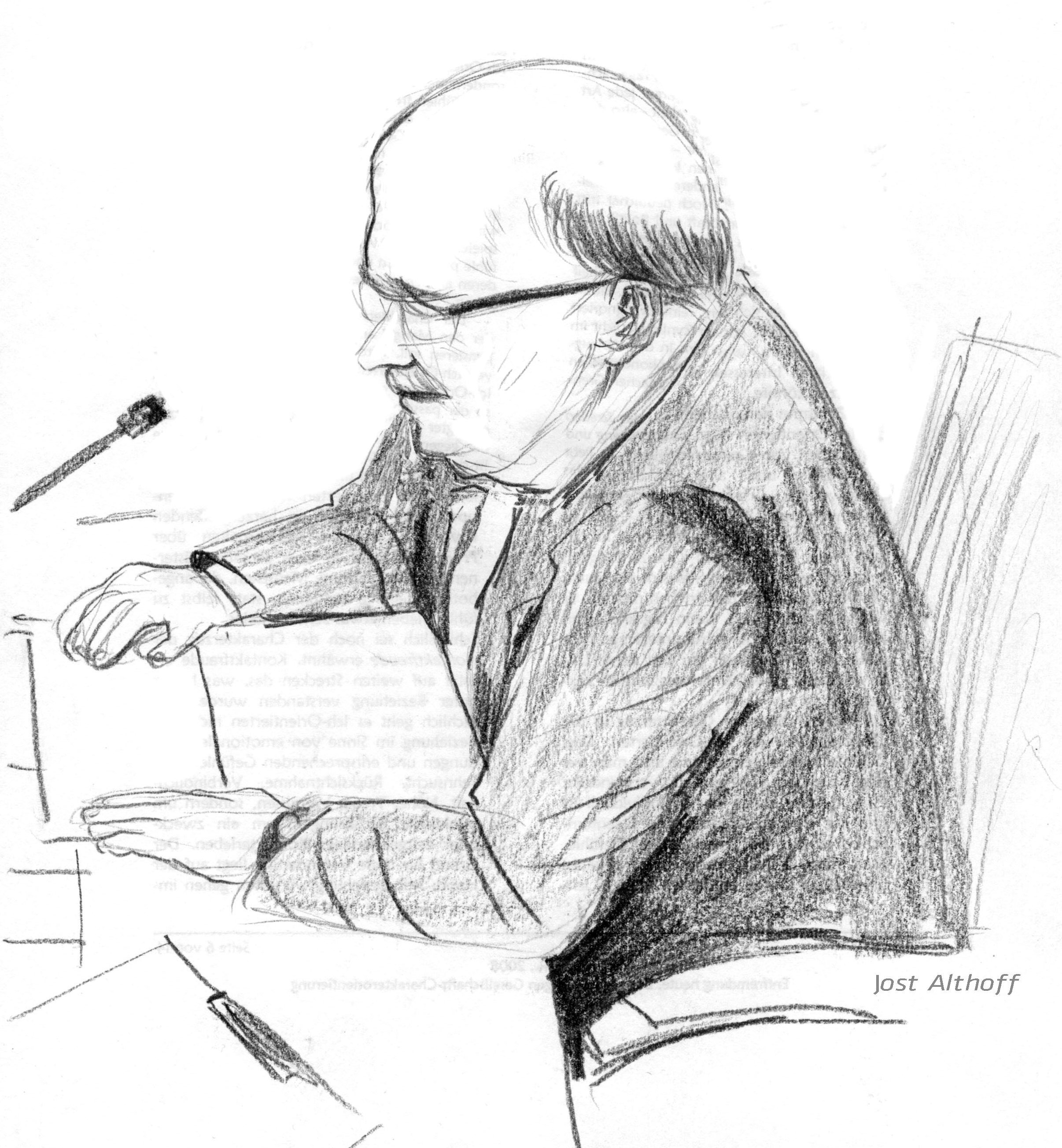 Zeuge Harald Fechner bei seiner Aussage. Zeichnung: Jost Althoff.