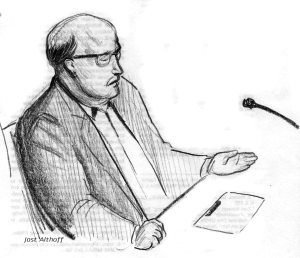 Zeuge Harald Fechner bei seiner Aussage. Zeichnung: Jost Althoff.