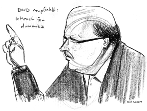 Zeuge Harald Fechner bei seiner Aussage. Zeichnung: Jost Althoff.