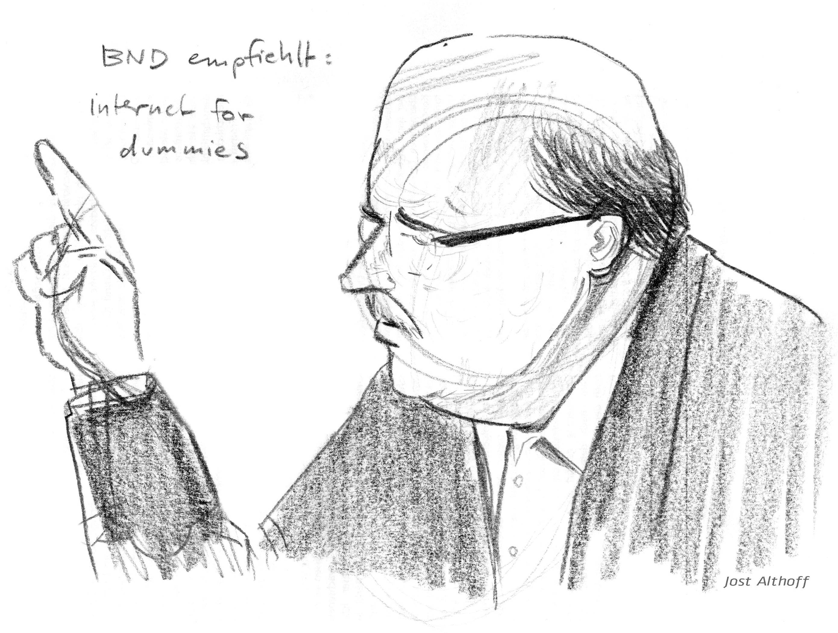 Zeuge Harald Fechner bei seiner Aussage. Zeichnung: Jost Althoff.