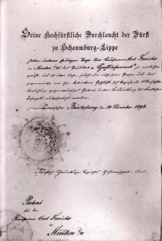 Eine Patentschrift des Fürsts für den Hoflieferanten Carl Frerichs